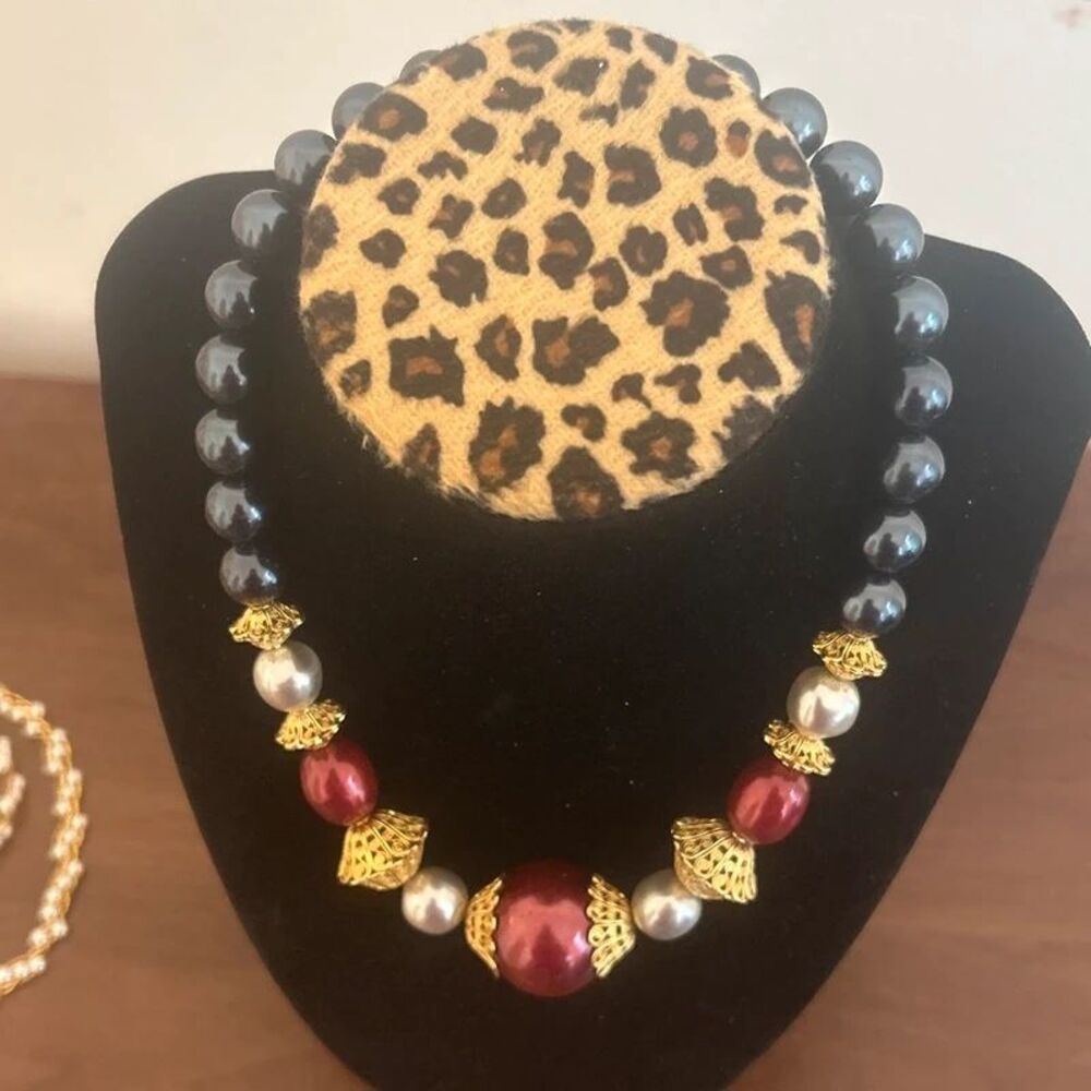 Vintage Napier Faux Pearl Statement Necklace | Gold Tone Beaded Necklace